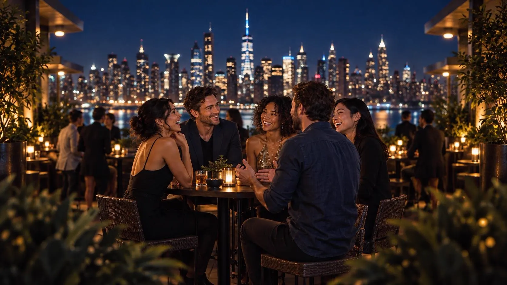 Friends talking on a rooftop at night