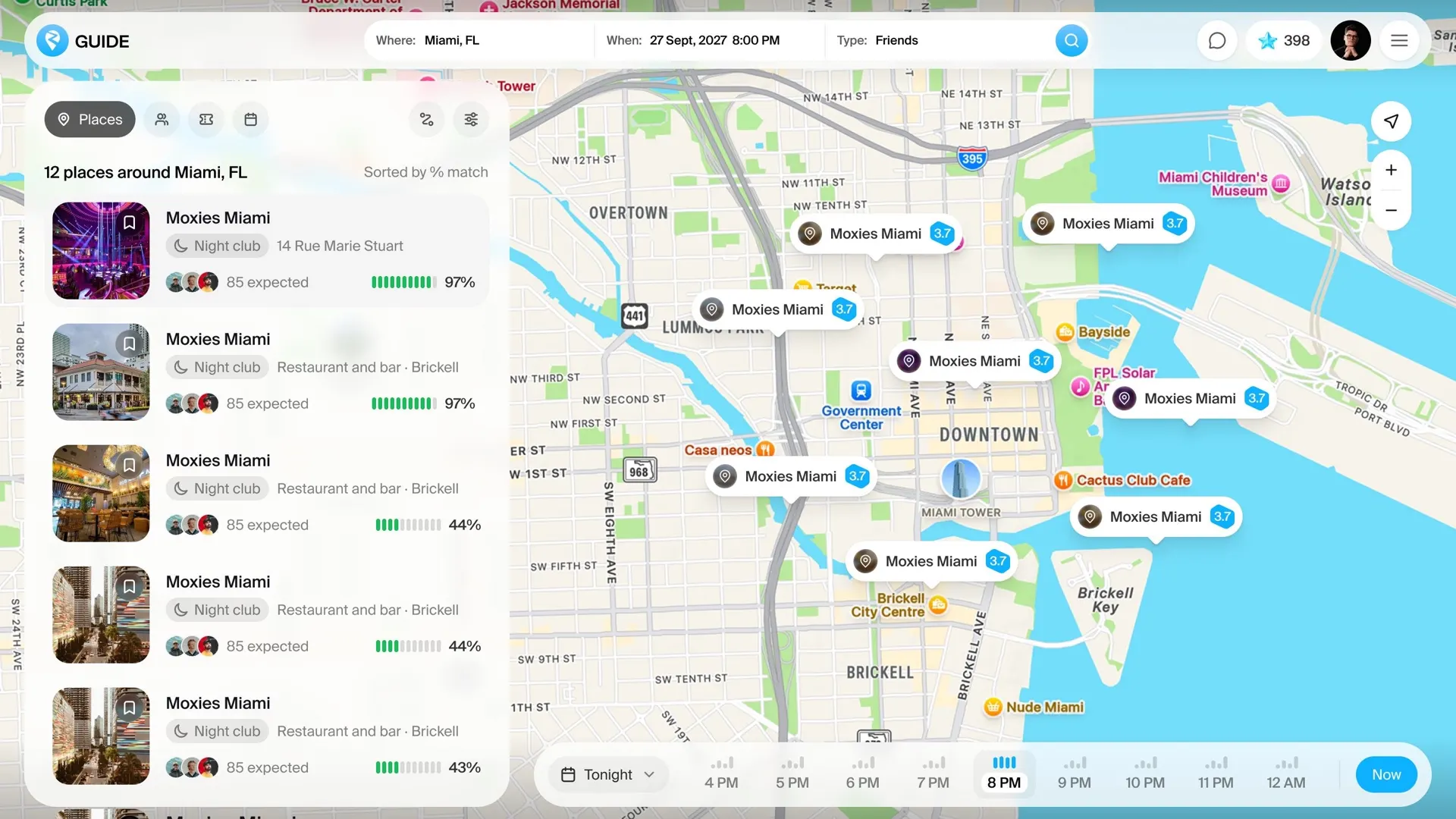 The Zguide map showing matched venues around Miami